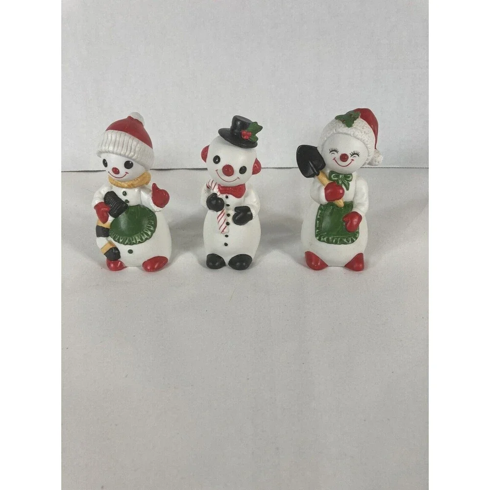 Porcelain Bisque Snowmen Set of 3 Shovel Stocking Candy Cane Vintage Taiwan Xmas